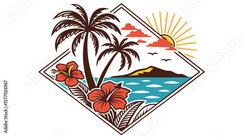 Tropical island scene with palm trees hibiscus flowers and ocean in a diamond frame design
