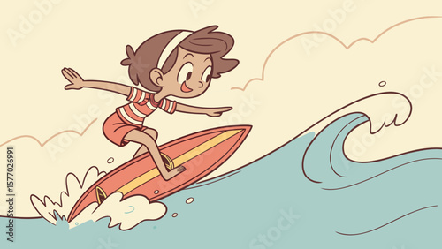 Girl with striped shirt and shorts surfing on a red surfboard with a wave in the background art