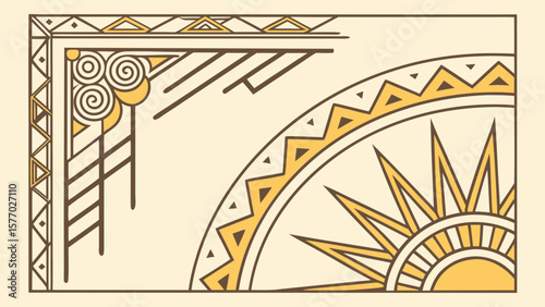 Geometric art deco design featuring spirals sunburst and triangular patterns in brown and yellow colors