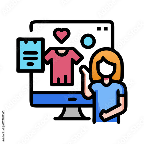 Woman shopping for clothes online with a computer and shopping list