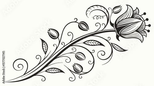 Elegant floral design with intricate details featuring a blooming flower and curling vines element