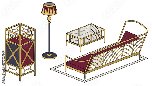 Isometric view of a furniture set featuring a sofa, table, lamp, and shelving unit on a rug