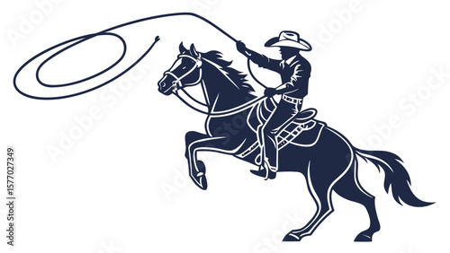 Silhouette of cowboy riding rearing horse and holding lasso in the air on a white background