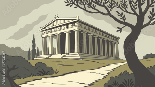 Illustration of a greek temple with columns on a hill with a path and a tree in the foreground view