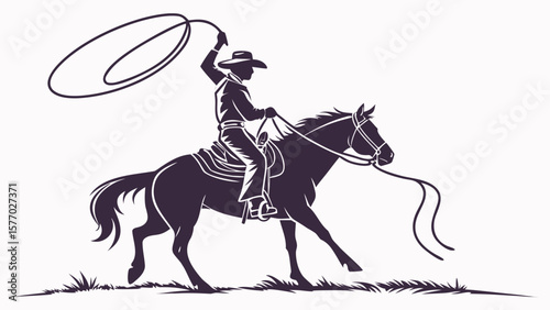 Silhouette of a cowboy riding a horse and throwing a lasso in a western themed illustration