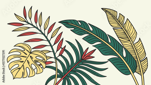 Illustration of tropical leaves including monstera, palm, and fern in various colors and styles