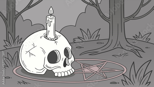 Skull with candle and pentagram drawing for halloween spooky forest witchcraft and occult themes vector art