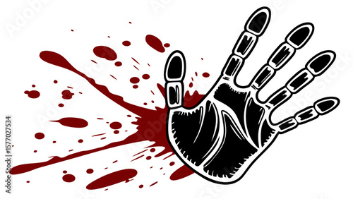 Stylized black handprint with blood splatters on a white background creating a spooky illustration