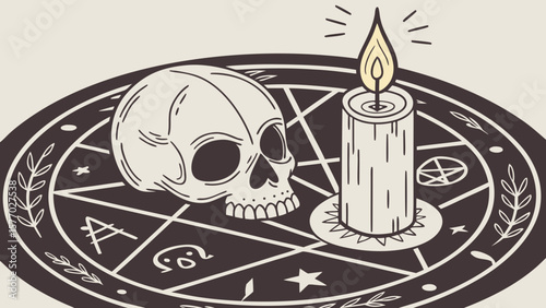 Illustration of a skull and candle on a pentagram with occult symbols and botanical elements around it