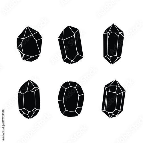 Six different shapes of black outline crystals, various facets and angles.