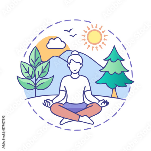 Person meditating in nature with sun mountains and trees