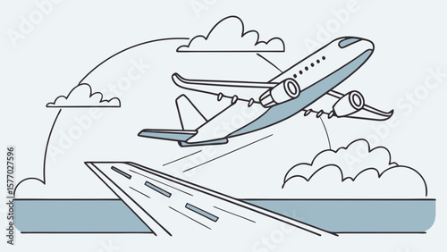 Airplane taking off from the runway with clouds in the sky in a line art style illustration