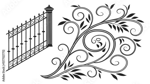 Illustration of a wrought iron fence with decorative swirls and leaves design element on white background