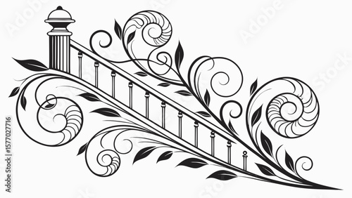 Ornamental wrought iron railing with floral flourishes and decorative post design element art