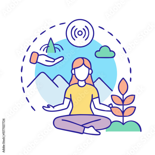 Woman meditating in nature with spiritual symbols and mountains