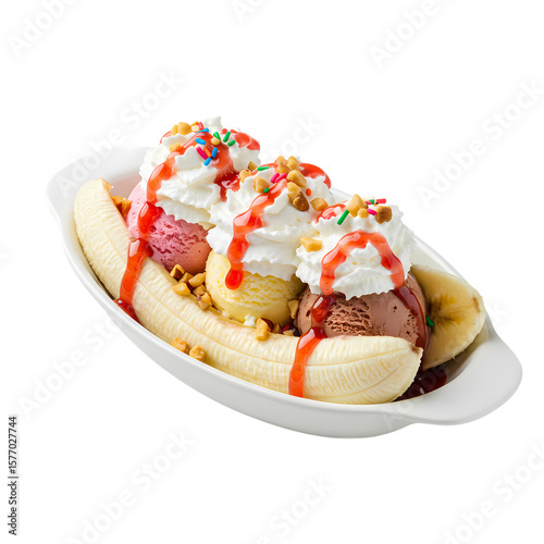 Delicious Banana Split Creamy Ice Cream Strawberries  Nuts on transparent background