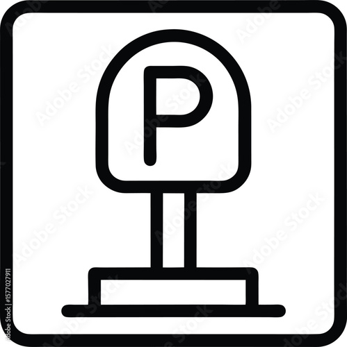 Black outline vector icon of parking sign on white background.

