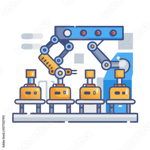 Automated robotic assembly line with industrial robots and products