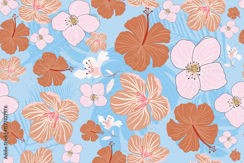 Tropical Seamless Floral Pattern with Hibiscus and Soft Petals on Blue Background