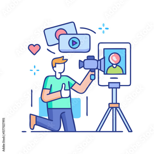Vlogger creating content with a camera and video player icons