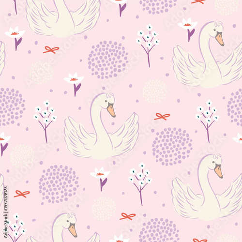 Seamless vector animal pattern. Cute, pastel background with swans, flowers, and bows. Elegant and dreamy surface design perfect for kids, girls, and romantic or fairytale-inspired projects.