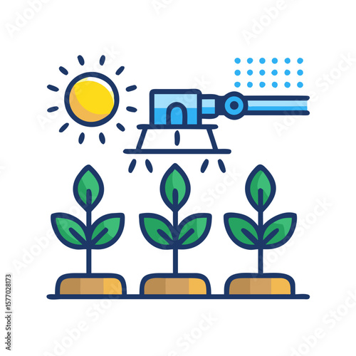 Automated irrigation system watering young plants under the sun