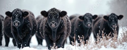 Four black and white cows stand on a snowy field. Dark forms of cattle contrast against white snow. Snowy trees stretch into distance in background. Cows appear calm, facing camera.