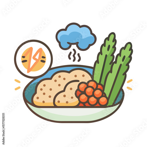 Healthy meal with asparagus and salmon roe served with rice