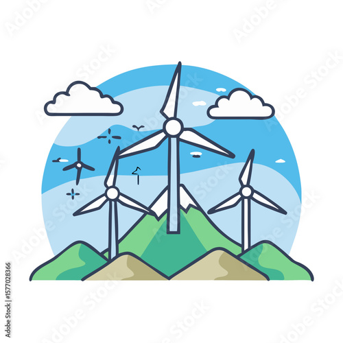 Wind turbines on green hills under a blue sky with clouds