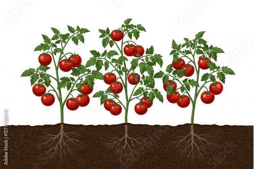 Ripe tomatoes grow on vibrant tomato plants, showcasing healthy produce and their intricate root systems in rich, detailed visuals.