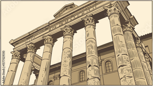 Roman temple of mars ultor architecture with ancient columns and building facade drawing illustration