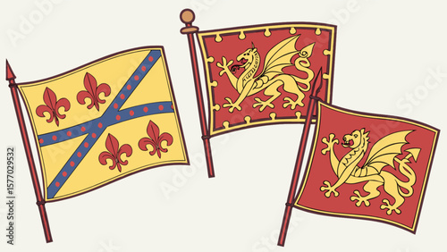 Explore heraldry flags and medieval banner designs with fleur de lis and dragon symbols graphic art