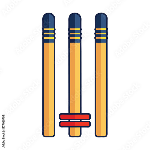 Three yellow cricket stumps with blue and yellow tops