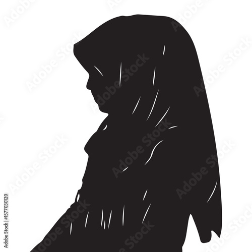 Silhouette of a islamic woman and girl side by side in black vector illustration