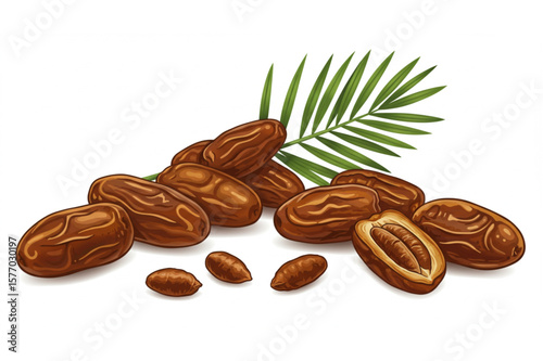 Delicious dates fruit graphic with a palm leaf accent, perfect for creating food-related designs or healthy eating concepts.