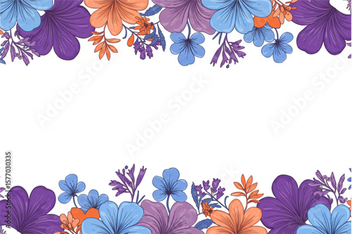 Beautiful floral border design featuring elegant purple, blue, and peach blossoms, ideal for invitations and delicate designs.