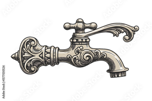 Detailed drawing presents an antique faucet with ornate embellishments, ideal for plumbing, design, or decorative concepts, or a vintage style logo.