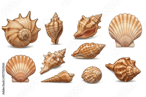 Various Seashells design features realistic sea shells of differing shapes and colors, perfect for nautical themes or ocean-themed graphics.