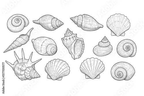 Delicate seashells create an elegant marine theme, perfect for summer projects, coastal decor, and ocean-inspired design with a monochrome aesthetic.