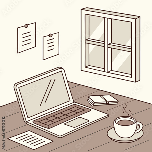 Illustration of a laptop on a desk with a coffee cup notes and a window in a simple style art