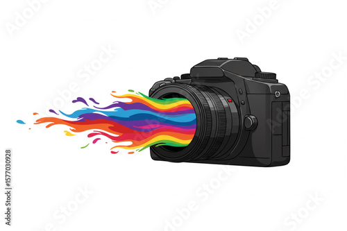 Camera releases a vibrant stream of colors, creating a dynamic graphic suitable for creative photography design and colorful branding.