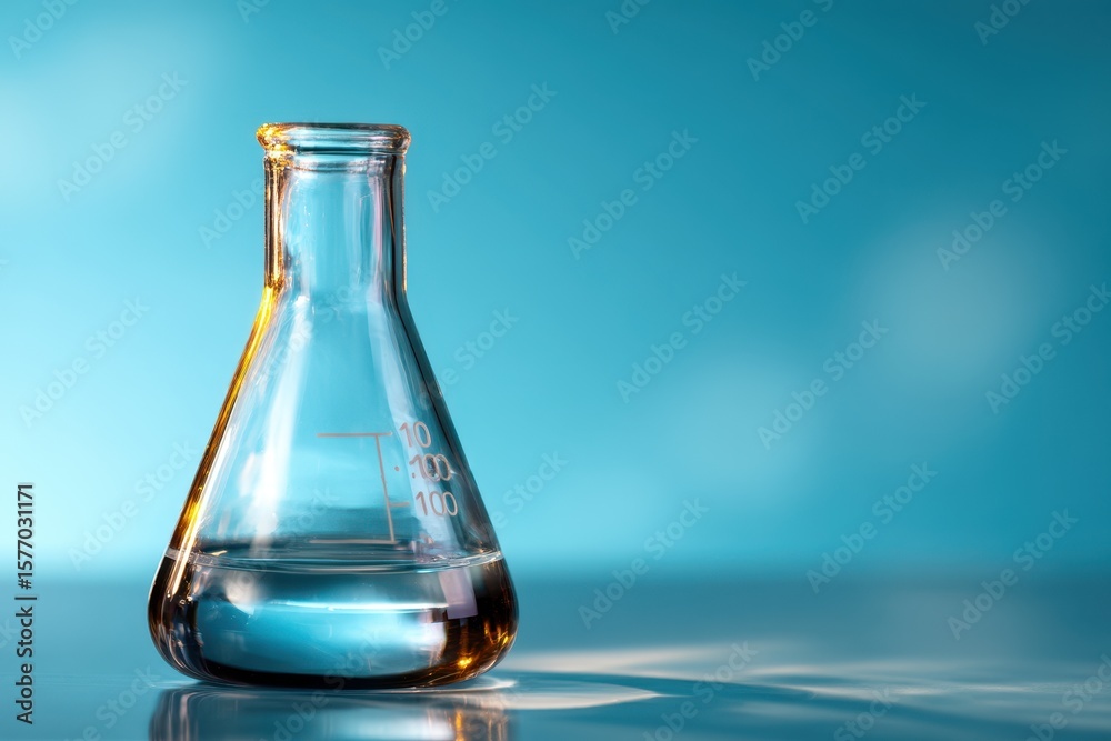 Lab flask filled with liquid on blue backdrop, shadow detail Lab flask filled with liquid on blue backdrop, shadow detail