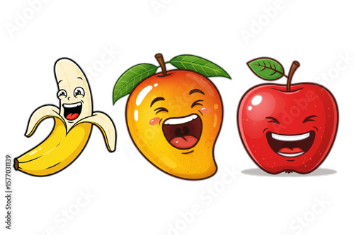 Delightful fruits feature smiling cartoon faces in this vibrant and whimsical design for logo design, children's designs and food marketing.