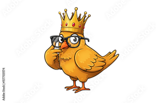 A golden chickadee wearing a crown and glasses is depicted as a regal, smart design element for various design applications and projects.