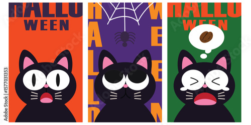 Halloween black cat cartoon character poster banner flat design Illustration set