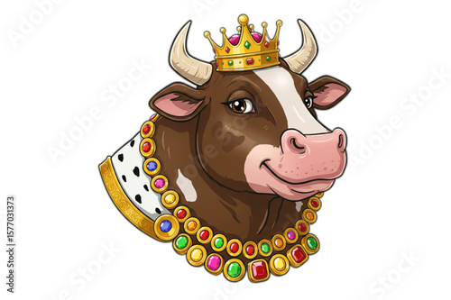 Regal bovine mascot design presenting a cow wearing a golden crown and elegant jewelry, ideal for playful branding and creative projects.
