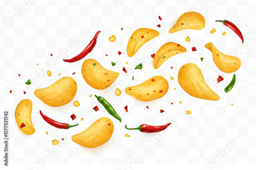 Spicy chips snack graphic with vibrant chili peppers, offering a delicious and appetizing food design for backgrounds or promotional material.