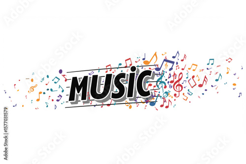 Musical notes decorate the word Music, perfect for concert promotion, branding materials, or educational graphics about musical instruments.