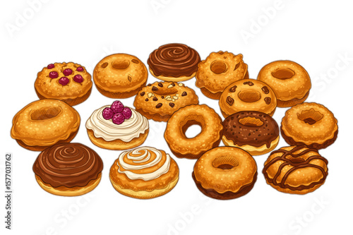 A delicious assortment of donut pastries, a vibrant, scalable graphic perfect for bakery menus, dessert-themed designs, and sweet treat promotions.