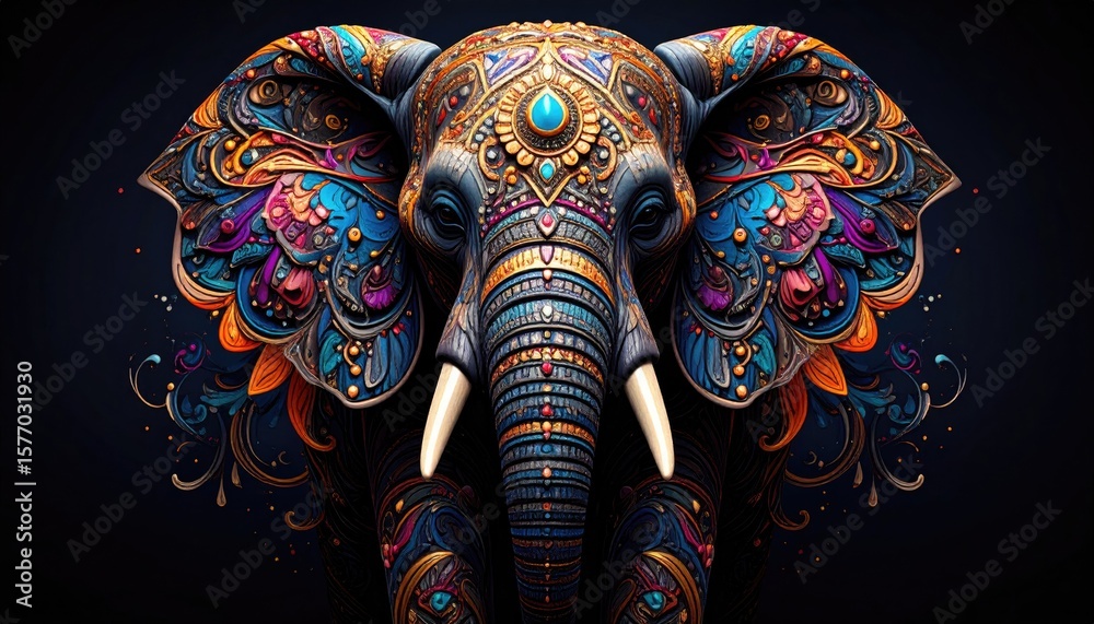 Naklejka premium Ornate Elephant Head, Vibrant Colors